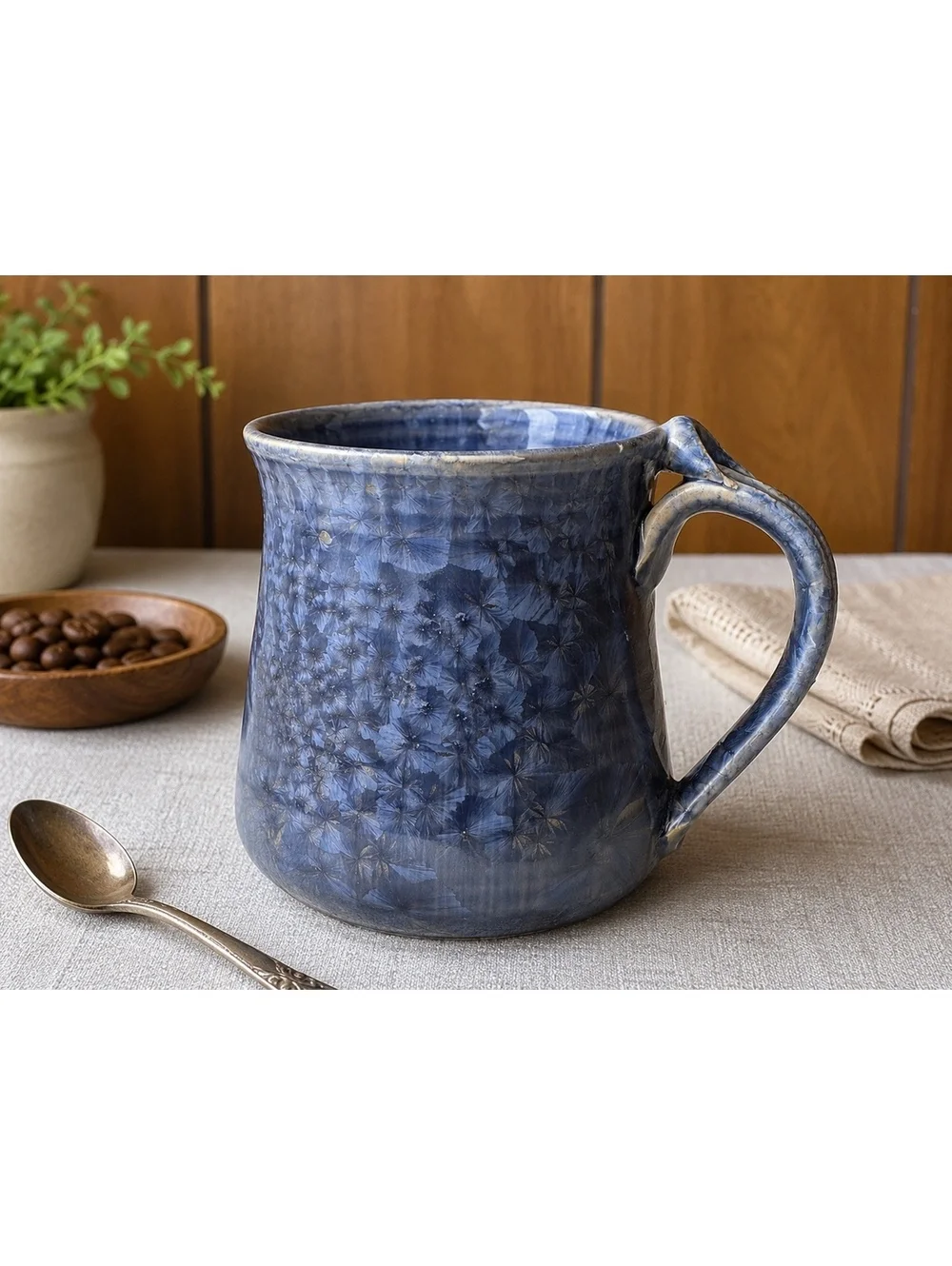 Vintage Studio Pottery Blue Crystalline Glaze Mug Handmade Signed 4.25 Inch